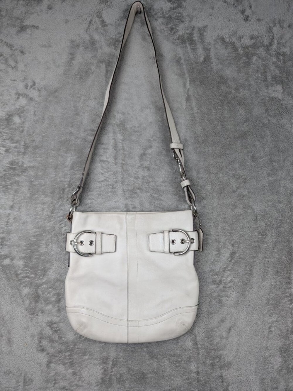 Coach Soho Slim (#1452) In White Leather, Silver Buckles Long Straps.